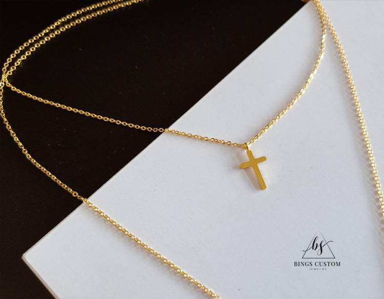 BINGS CUSTOM Adult Women Fine Imitation 18K Gold-Rose Gold-Plated Titanium Steel Metal Double-Layer Two Cross Pendant Necklaces