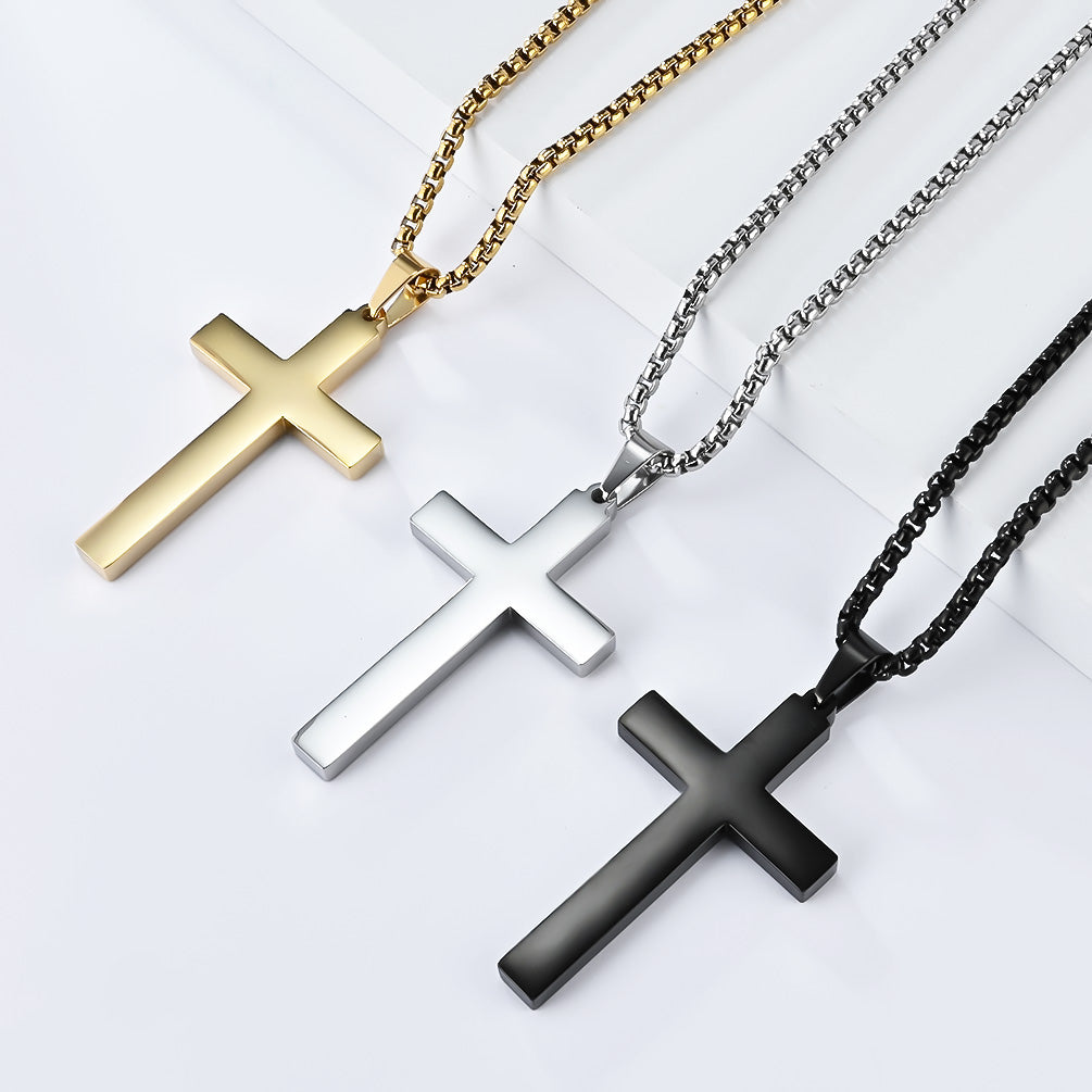 TAI LOVE YOU Adult Unisex Fine Imitation Titanium Steel Metal Black-Silver-Gold Colored Polished Glossy Cross Pendant Chain Necklaces