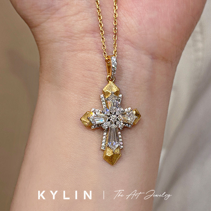 QIXUAN Adult Unisex Fine Imitation Sterling Silver-Gold-Plated Metal Inlaid Artificial Clear White Shiny Diamond-Like Gemstones Cross Pendant Clavicle Chain Necklaces