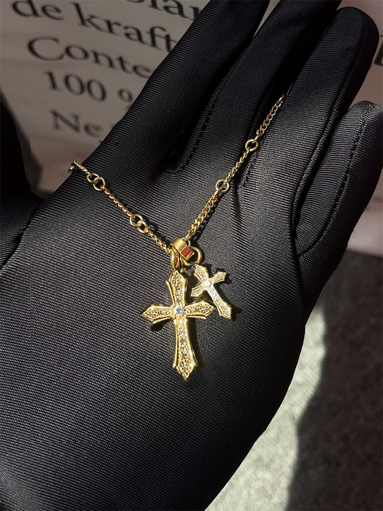 SVP Men Fine Imitation Titanium Steel Metal Clear White Shiny Diamond-Like Gemstones Two Cross Pendant Gold-Silver Chain Necklaces