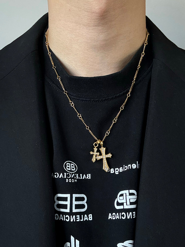 SVP Men Fine Imitation Titanium Steel Metal Clear White Shiny Diamond-Like Gemstones Two Cross Pendant Gold-Silver Chain Necklaces