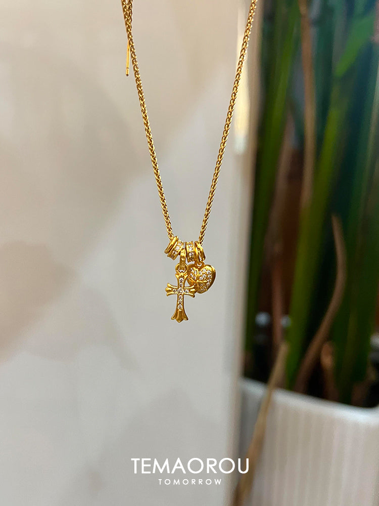 TEMAORROU Women Inlaid Artificial Gemstones Gold-Plated Metal Alloy Cross-Heart-Roman Numerals Pendant Round Clavicular Chain Imitation Necklaces
