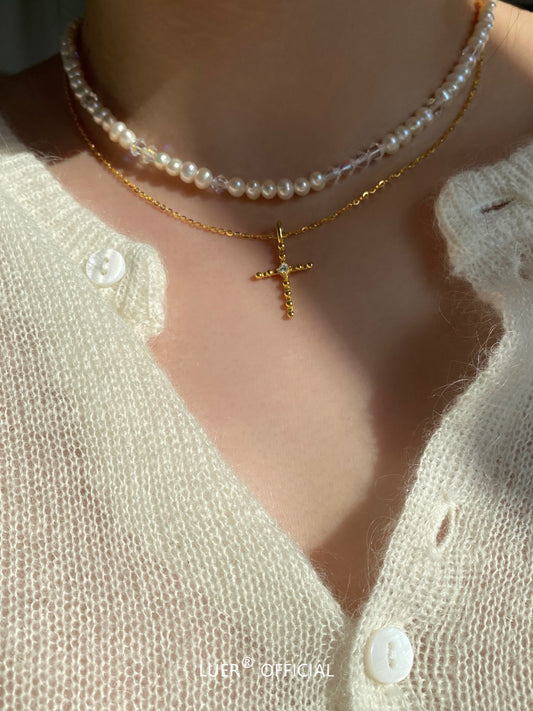 LUER Women Fine Imitation Sterling Silver All-Match Silver-Gold-Plated Ball Clear White Diamond-Like Gemstone Cross Pendant Clavicle Chain Necklaces