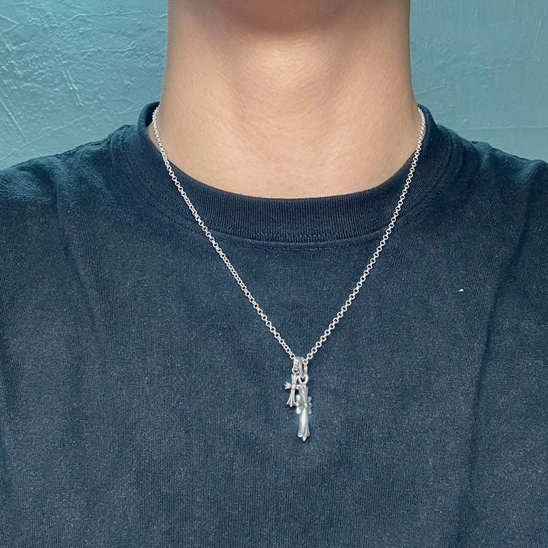 AZER KVK Adult Unisex Fine Imitation Silver Metal Alloy Gold-Silver Plated One Small-One Large CROSS DUO Pendant Distressed Style O-Ring Necklaces