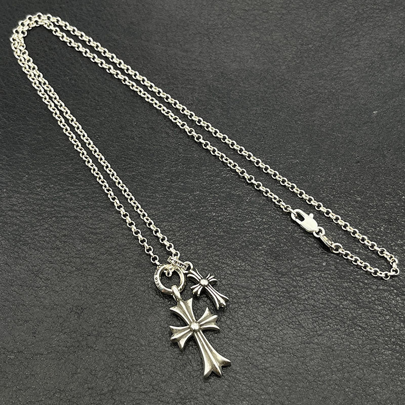 AZER KVK Adult Unisex Fine Imitation Silver Metal Alloy Gold-Silver Plated One Small-One Large CROSS DUO Pendant Distressed Style O-Ring Necklaces