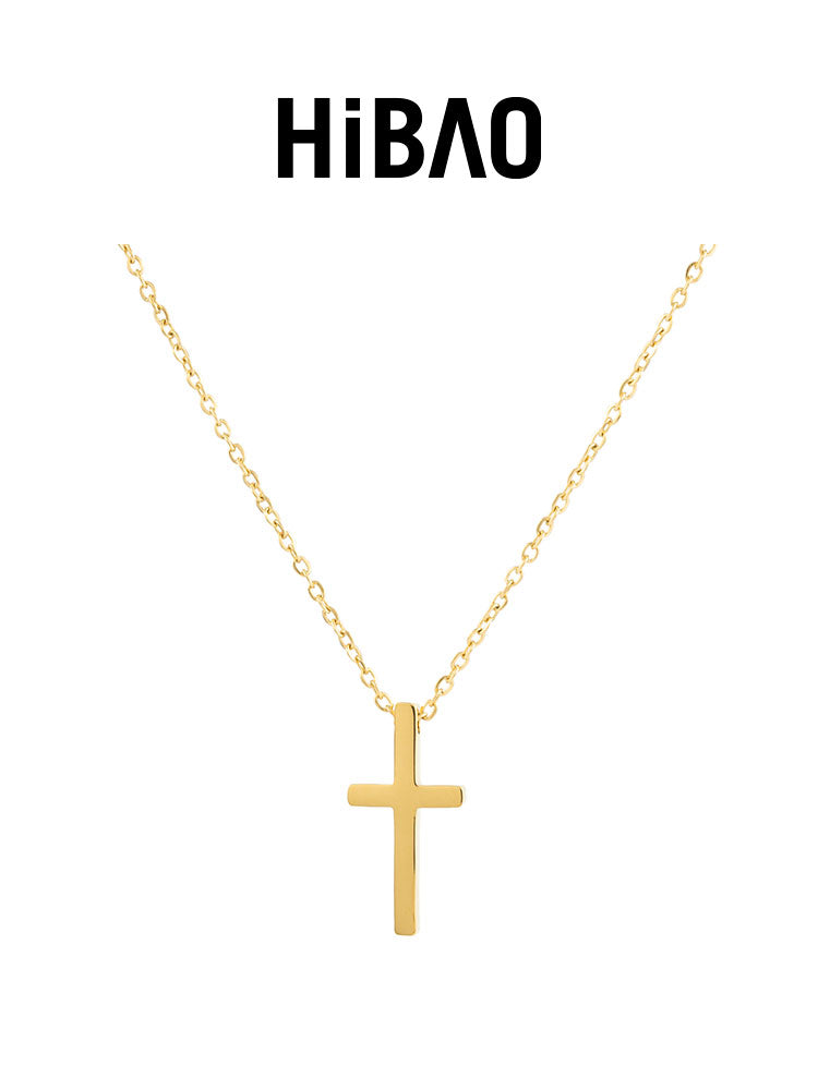 HIBAO Adult Women Fine Imitation Full Titanium Steel Metal 18K Gold-Plated Polished Small Cross Pendant Clavicle Chain Necklaces