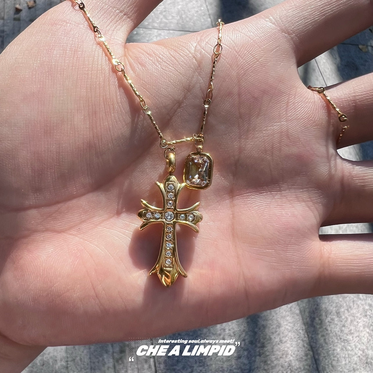 Unisex Fine Imitation Titanium Steel Alloy Silver-Gold Plated Metal Clear White Shiny Diamond-Like Gemstones Cross Pendant Necklaces