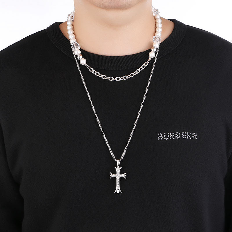 Men Fine Imitation Sterling Silver Clear White Shiny Diamond-Like Stones Cross Pendant Necklaces