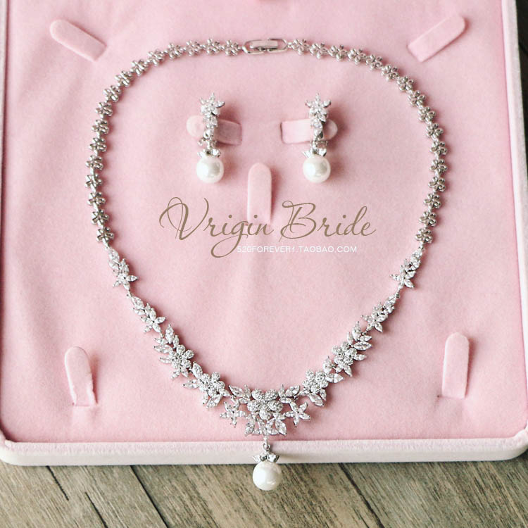 Women Fine Imitation Gold-Silver Plated Metal Alloy Dazzling Korean Flowers Big White Pearl Bridal Beaded Necklace-Two Big White Pearl Floral Earrings Jewelry Sets