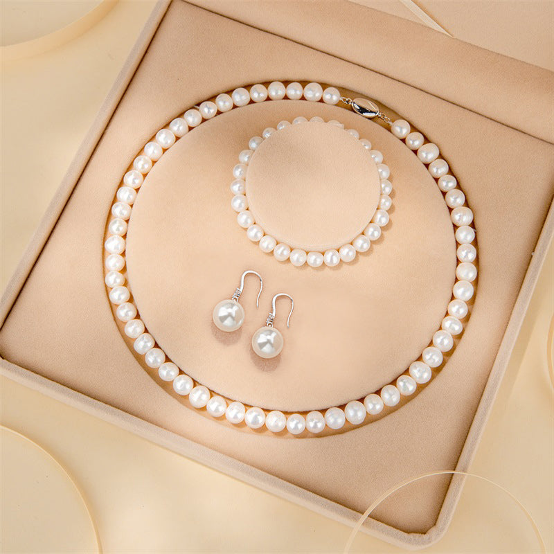 YALENDI Adult Women Imitation Natural White Pearl Necklace-Bracelet-Two Earrings Silver Sterling Metal Ball Chain Fine Jewelry Sets/Colors-White/Silver