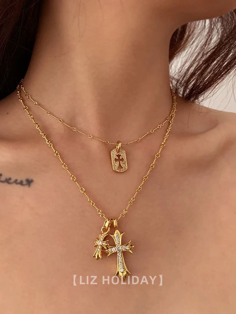 Women Unisex Fine Imitation Copper-Brass-Gold-Plated Metal Clear White Diamond-Like Stones Pink Crystal Semi Gemstones One Large-One Small Cross Pendants Chain Necklaces/Colors-Gold/Silver/Multicolor/Clear/White/Pink