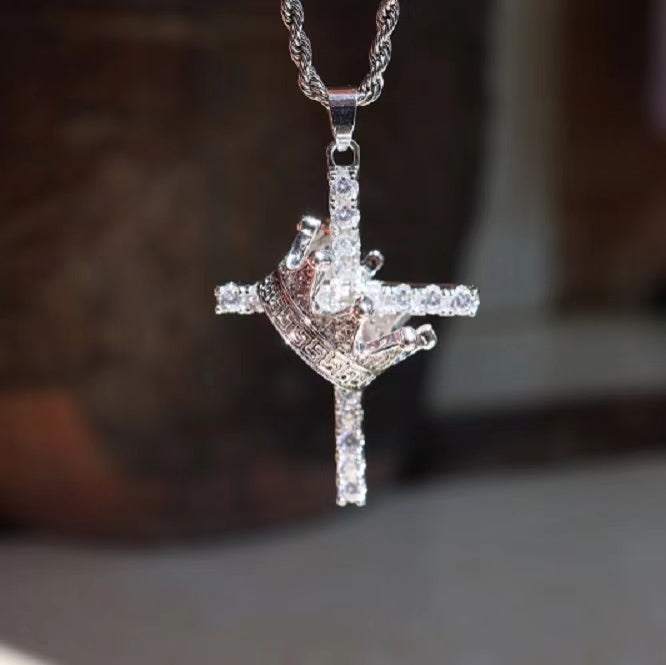 Men Fine Imitation Silver-Gold-Plated Metal Clear White Shiny Diamond-Like Stones Large Cross-Crown Pendant Necklaces