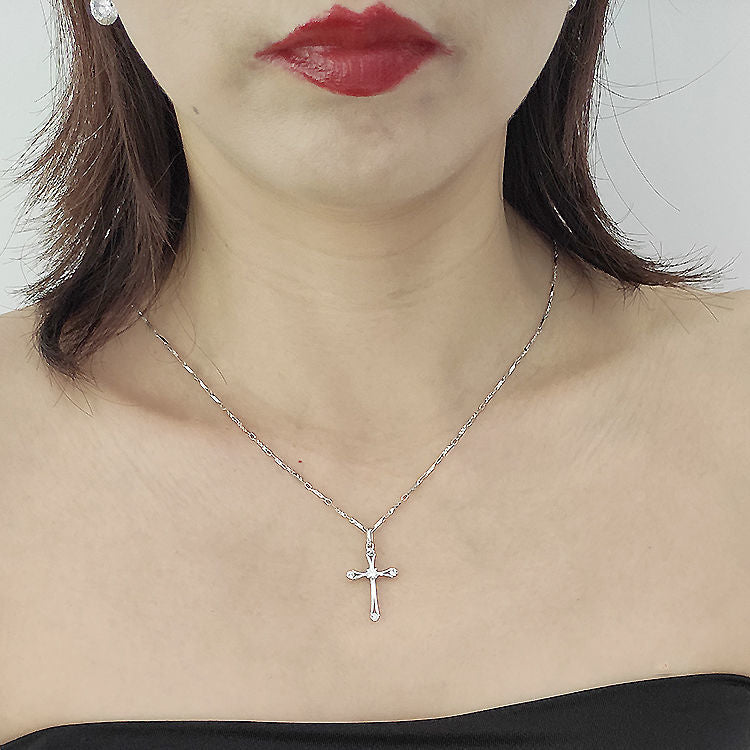 WEIFENG SANDALWOOD Women Unisex Fine Imitation Sterling Silver-Rose Gold Metal Diamond-Like Geometric Clear White Stones Cross Shaped Pendant Clavicle Chain Necklaces