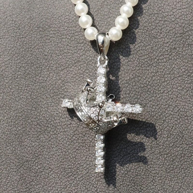 Men Fine Imitation Silver-Gold-Plated Metal Clear White Shiny Diamond-Like Stones Large Cross-Crown Pendant Necklaces