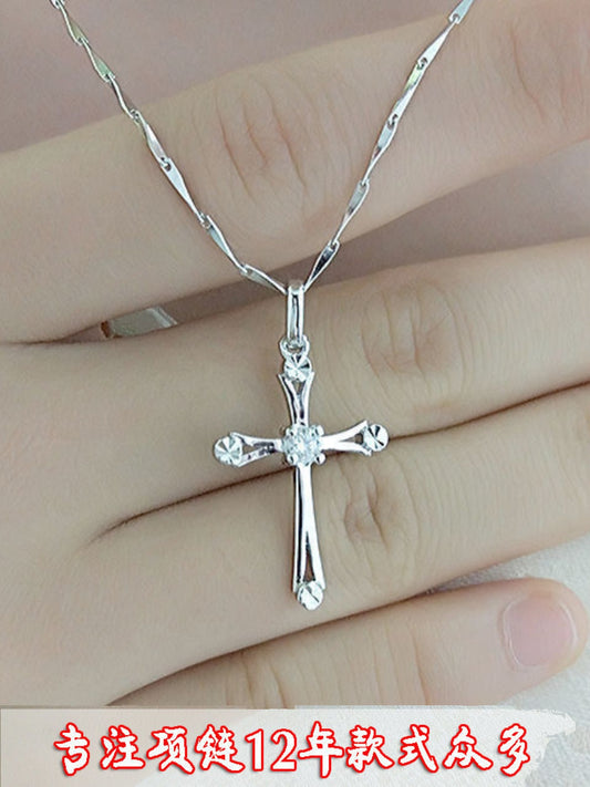 WEIFENG SANDALWOOD Women Unisex Fine Imitation Sterling Silver-Rose Gold Metal Diamond-Like Geometric Clear White Stones Cross Shaped Pendant Clavicle Chain Necklaces