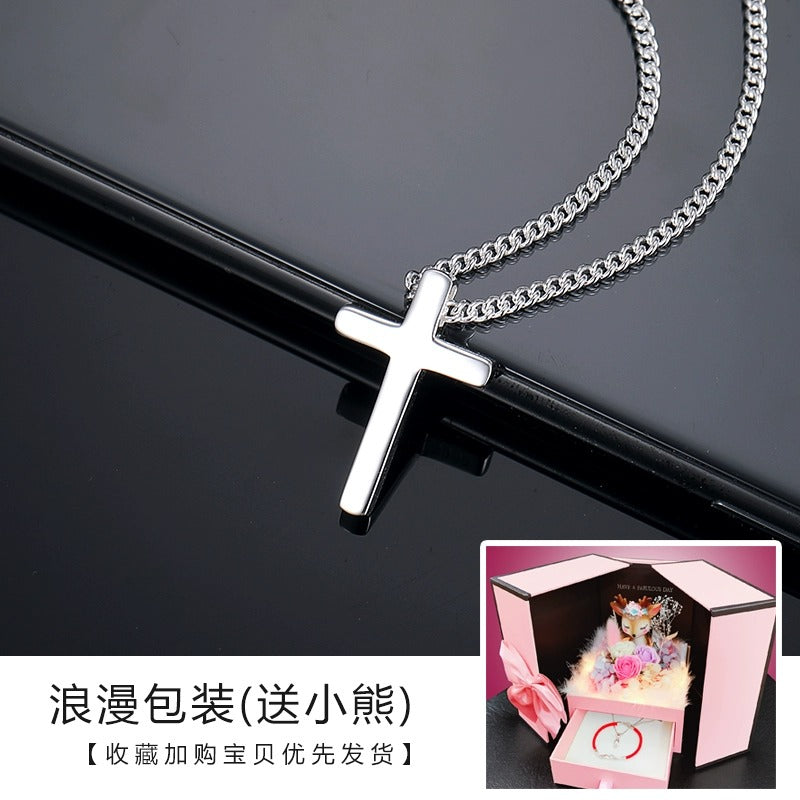 Women Elegant Fine Imitation Sterling Silver Mori Small Cross Pendant Chain Link Necklaces