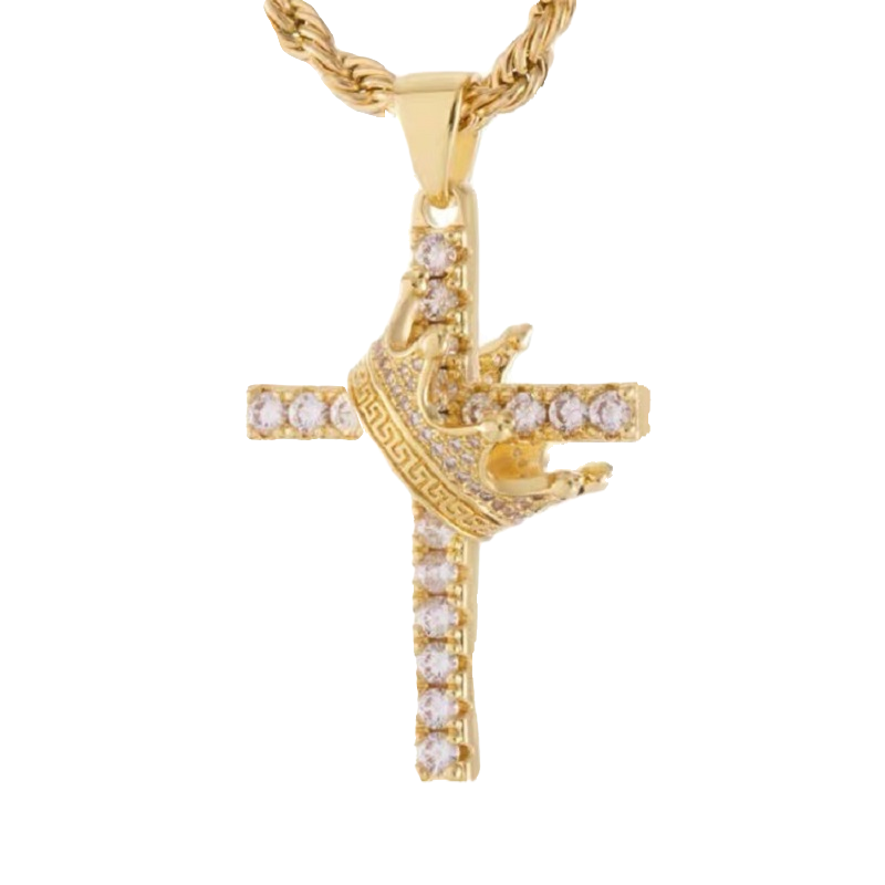 Men Fine Imitation Silver-Gold-Plated Metal Clear White Shiny Diamond-Like Stones Large Cross-Crown Pendant Necklaces