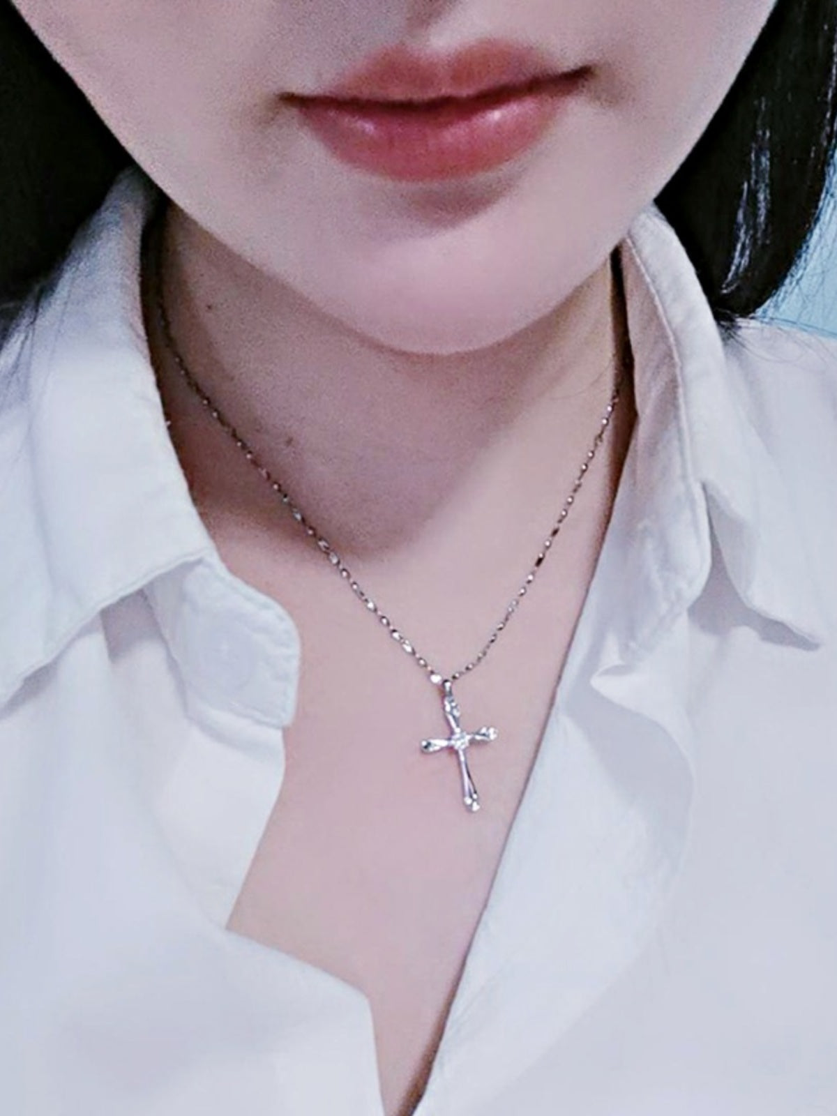 WEIFENG SANDALWOOD Women Unisex Fine Imitation Sterling Silver-Rose Gold Metal Diamond-Like Geometric Clear White Stones Cross Shaped Pendant Clavicle Chain Necklaces
