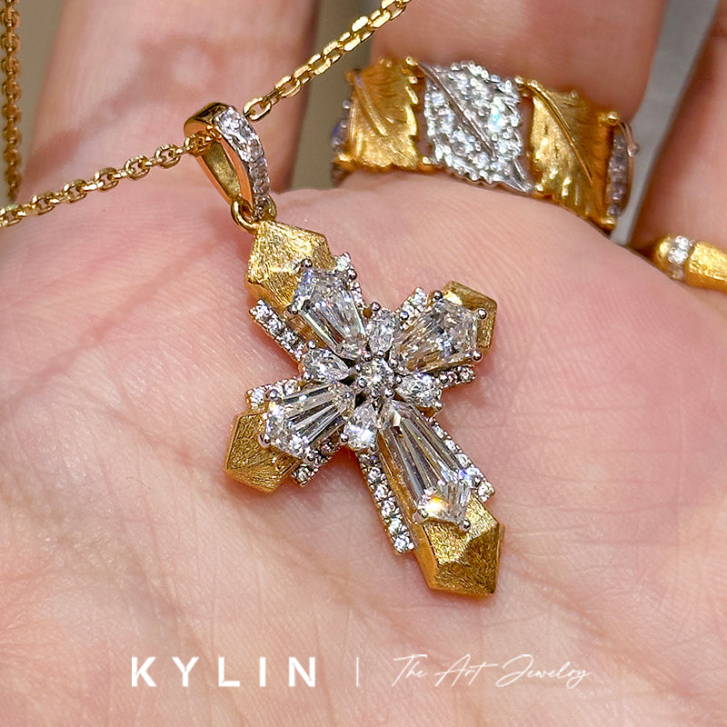 QIXUAN Adult Unisex Fine Imitation Sterling Silver-Gold-Plated Metal Inlaid Artificial Clear White Shiny Diamond-Like Gemstones Cross Pendant Clavicle Chain Necklaces