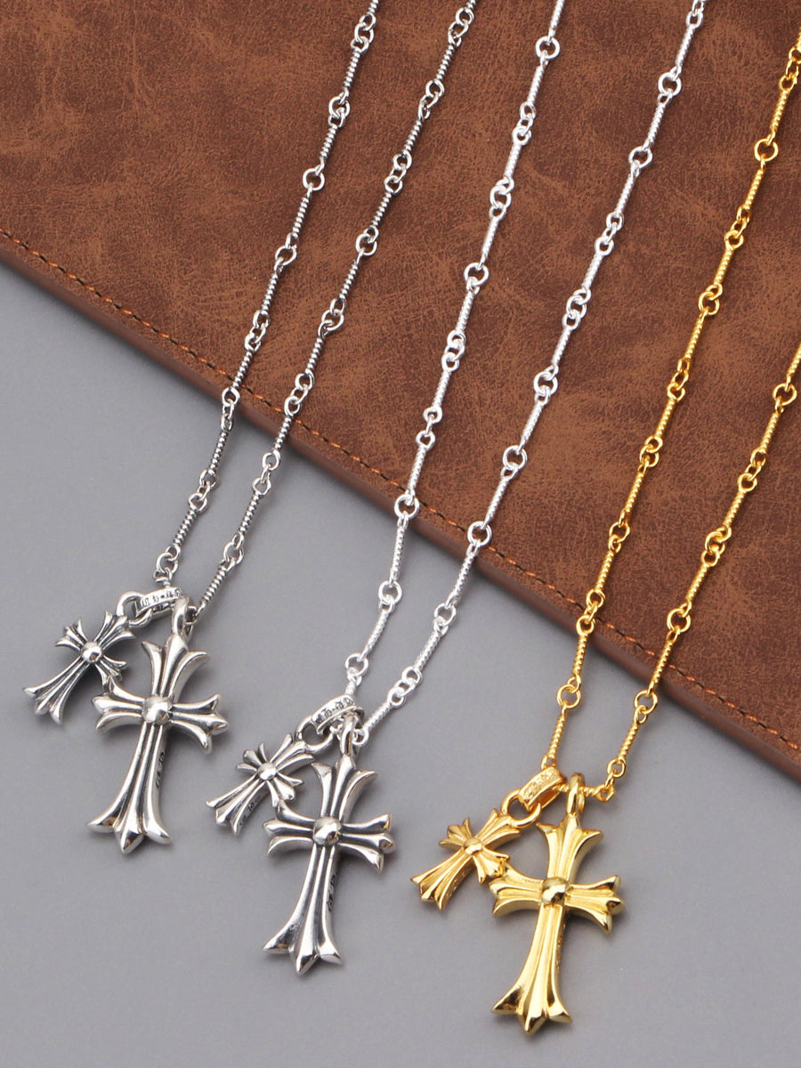 Adult Unisex Fine Imitation Silver-Gold-Plated Clear White Shiny Diamond-Like Gemstones-Silver Metal Cross Pendant Necklaces