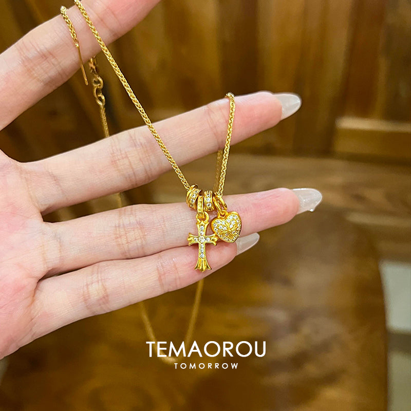 TEMAORROU Women Inlaid Artificial Gemstones Gold-Plated Metal Alloy Cross-Heart-Roman Numerals Pendant Round Clavicular Chain Imitation Necklaces