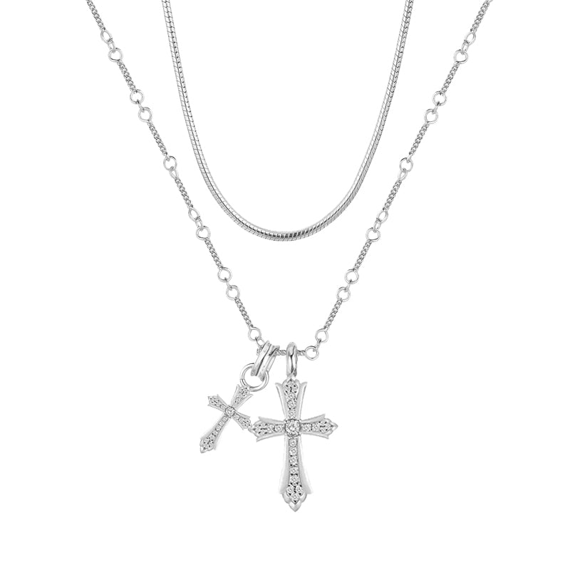 SVP Men Fine Imitation Titanium Steel Metal Clear White Shiny Diamond-Like Gemstones Two Cross Pendant Gold-Silver Chain Necklaces