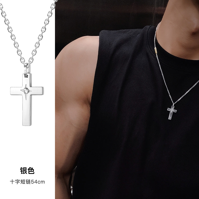 Rawness Cross Necklace Lone Star Clavicle Chain Hip Hop Men Jeweled Pendant 520 Gift for Boyfriend