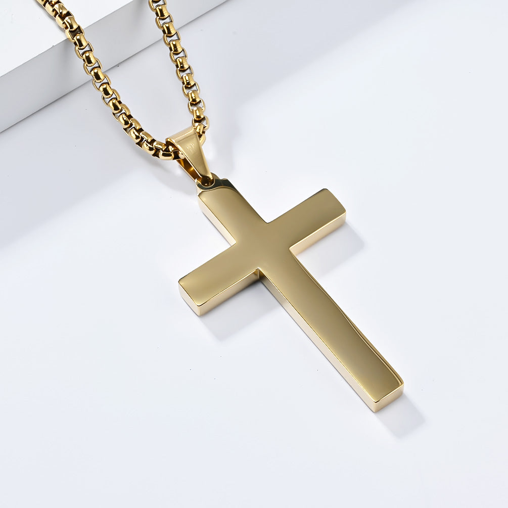 TAI LOVE YOU Adult Unisex Fine Imitation Titanium Steel Metal Black-Silver-Gold Colored Polished Glossy Cross Pendant Chain Necklaces