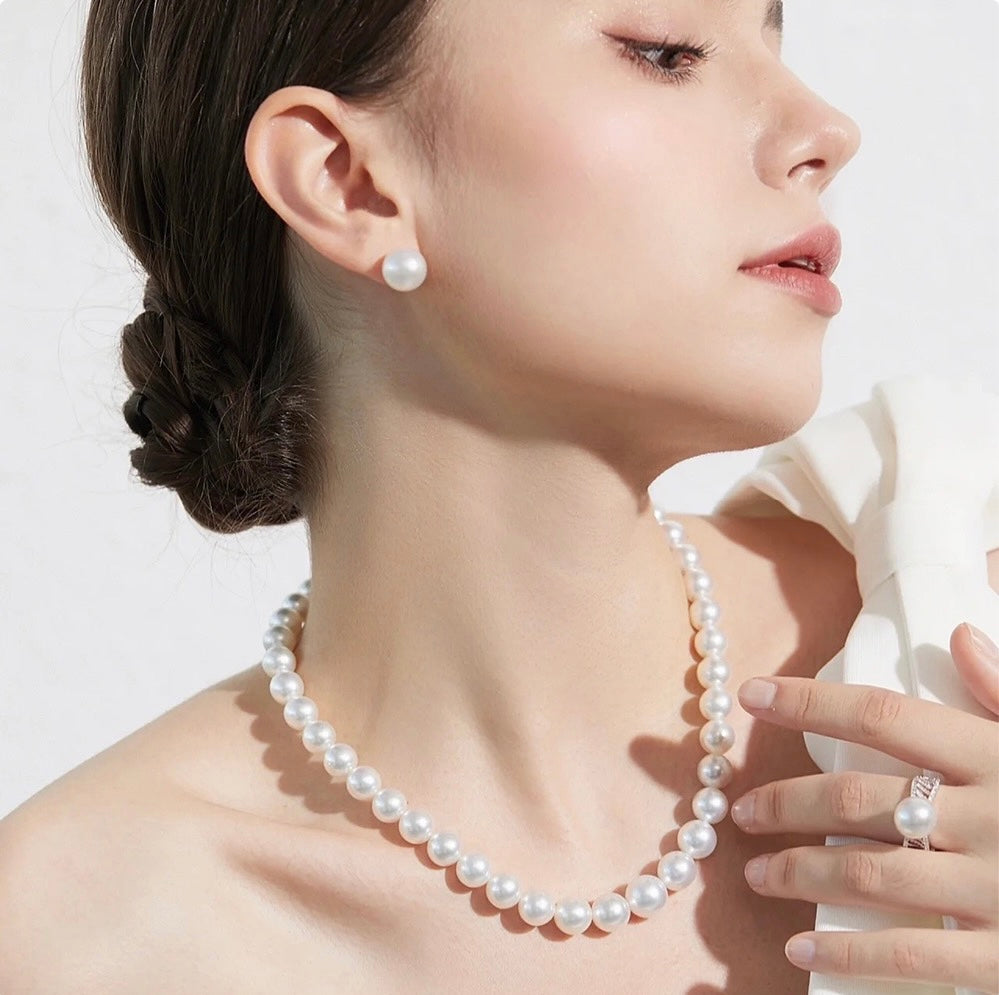 Women Fine Imitation Silver Metal Mother-Of-Pearl White Beaded Clavicular Chain Necklace-Two Big White Pearl Beaded Earrings Jewelry Sets
