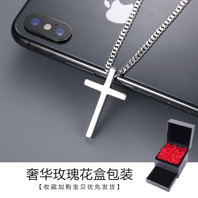 European Unisex Couple's Sterling Silver Metal Cross Pendant Fine Imitation Vera Chain Necklaces
