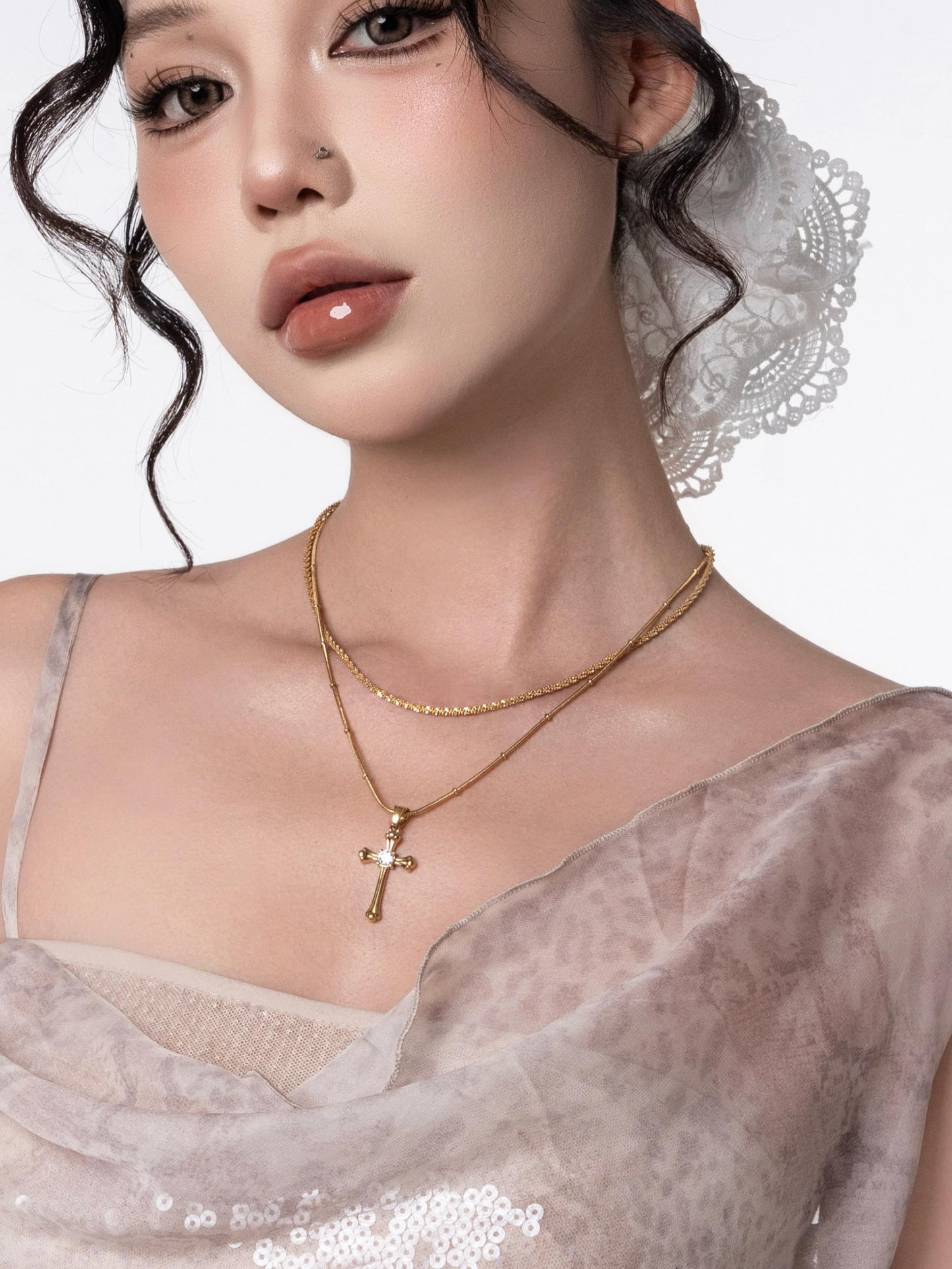 CIYAVENI Adult Unisex Fine Imitation Titanium Steel Metal Gold-Silver-Plated Geometric Baroque Style Cross Pendant Clavicle Chain Necklaces