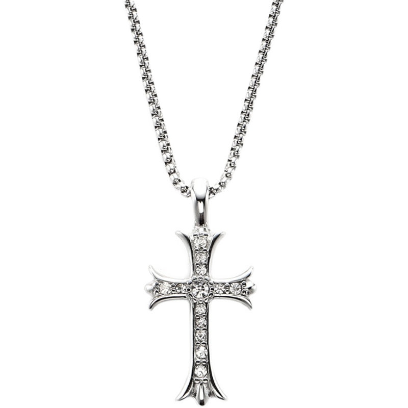 Men Fine Imitation Sterling Silver Clear White Shiny Diamond-Like Stones Cross Pendant Necklaces
