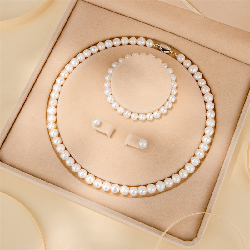 YALENDI Adult Women Imitation Natural White Pearl Necklace-Bracelet-Two Earrings Silver Sterling Metal Ball Chain Fine Jewelry Sets/Colors-White/Silver