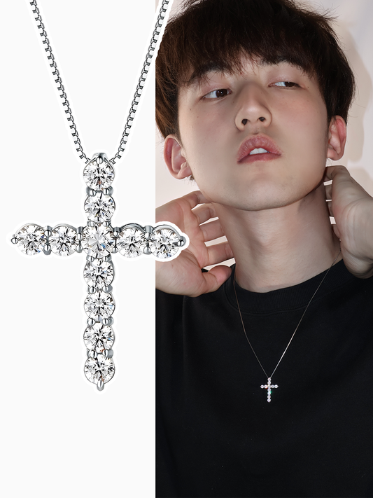 ZHENAI Unisex Fine Imitation Sterling Silver-Plated Metal Shiny Clear White Realistic Diamond-Like Gemstones Cross Pendants-Charms Necklaces