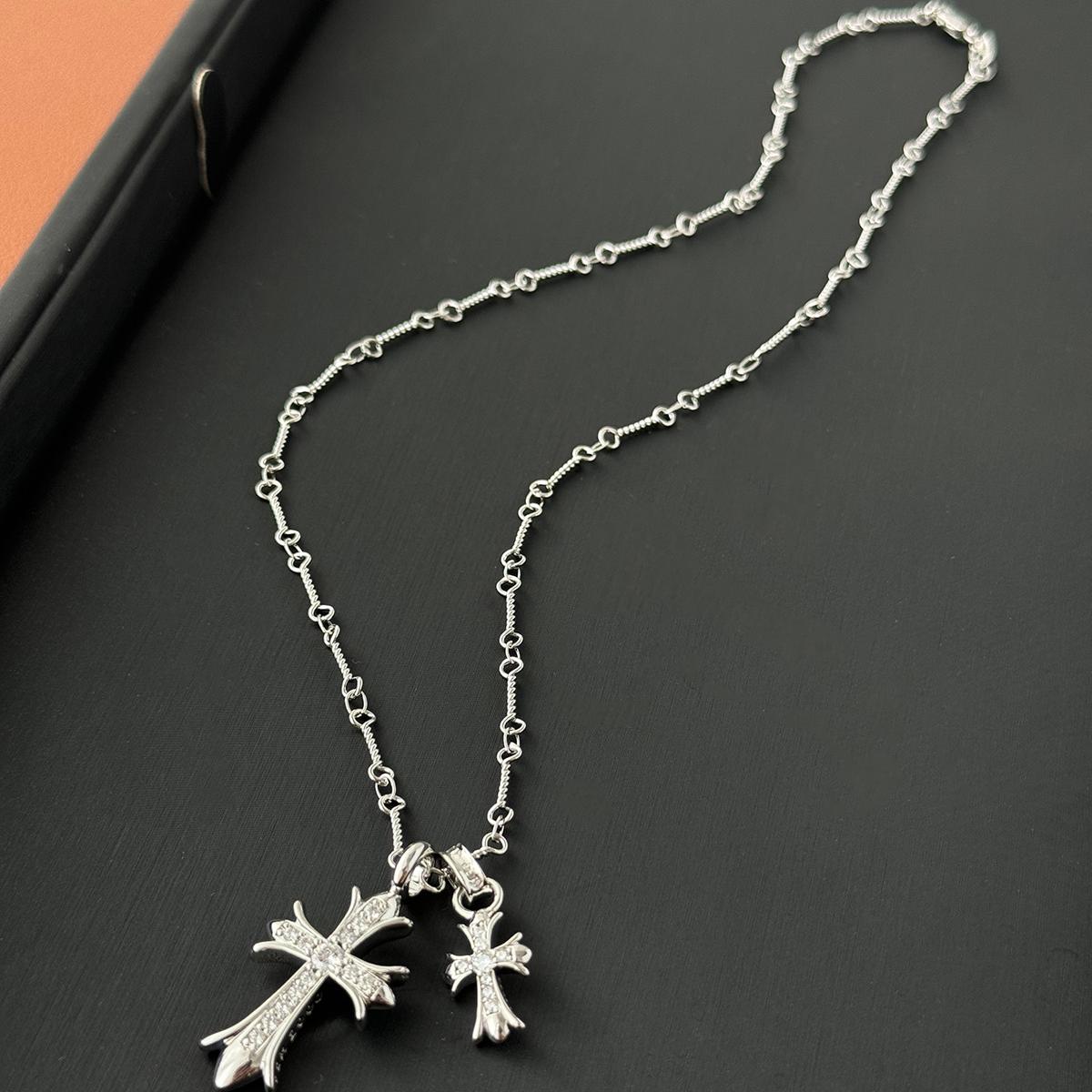 Women Unisex Fine Imitation Copper-Brass-Gold-Plated Metal Clear White Diamond-Like Stones Pink Crystal Semi Gemstones One Large-One Small Cross Pendants Chain Necklaces/Colors-Gold/Silver/Multicolor/Clear/White/Pink