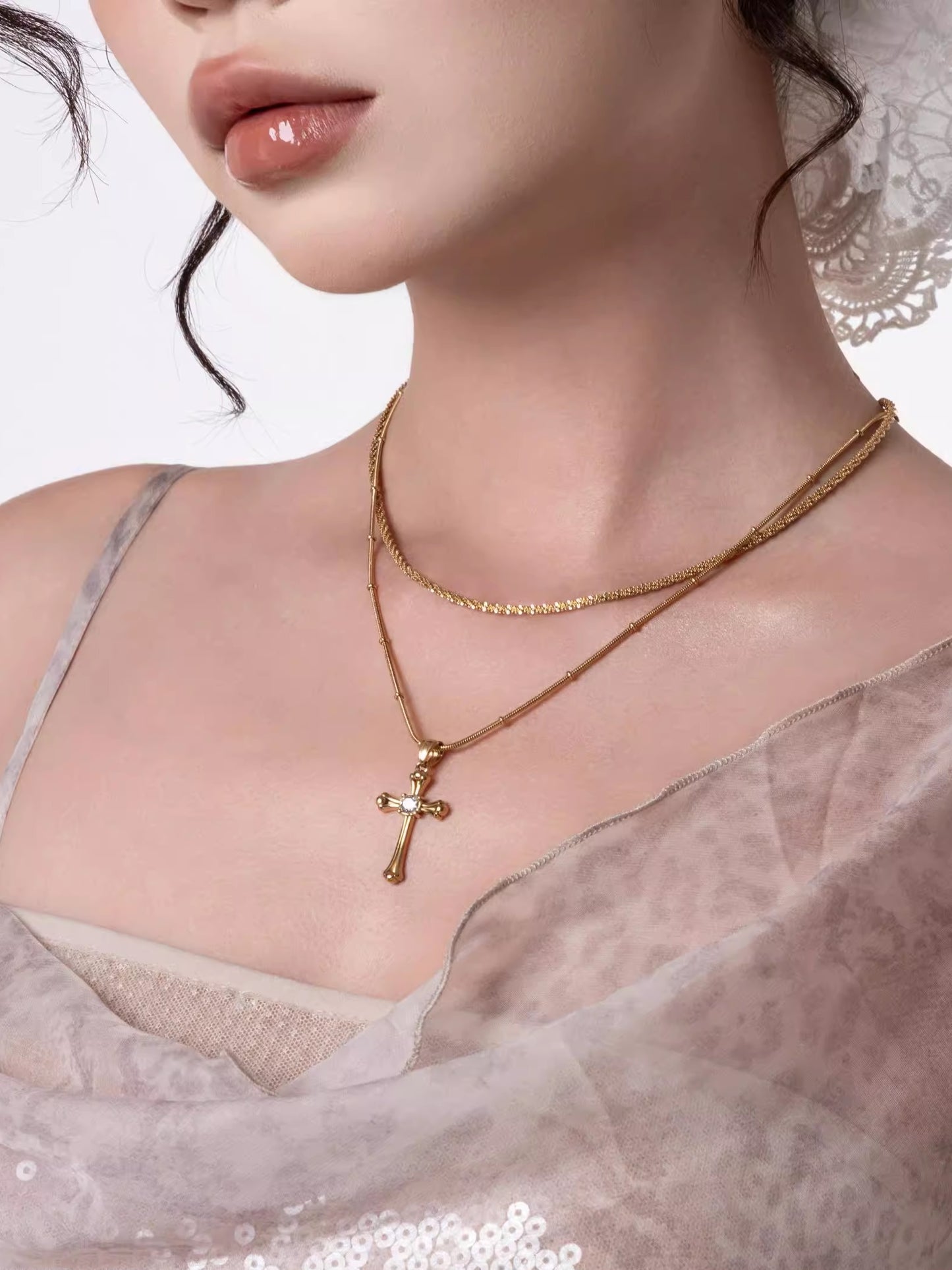 CIYAVENI Adult Unisex Fine Imitation Titanium Steel Metal Gold-Silver-Plated Geometric Baroque Style Cross Pendant Clavicle Chain Necklaces