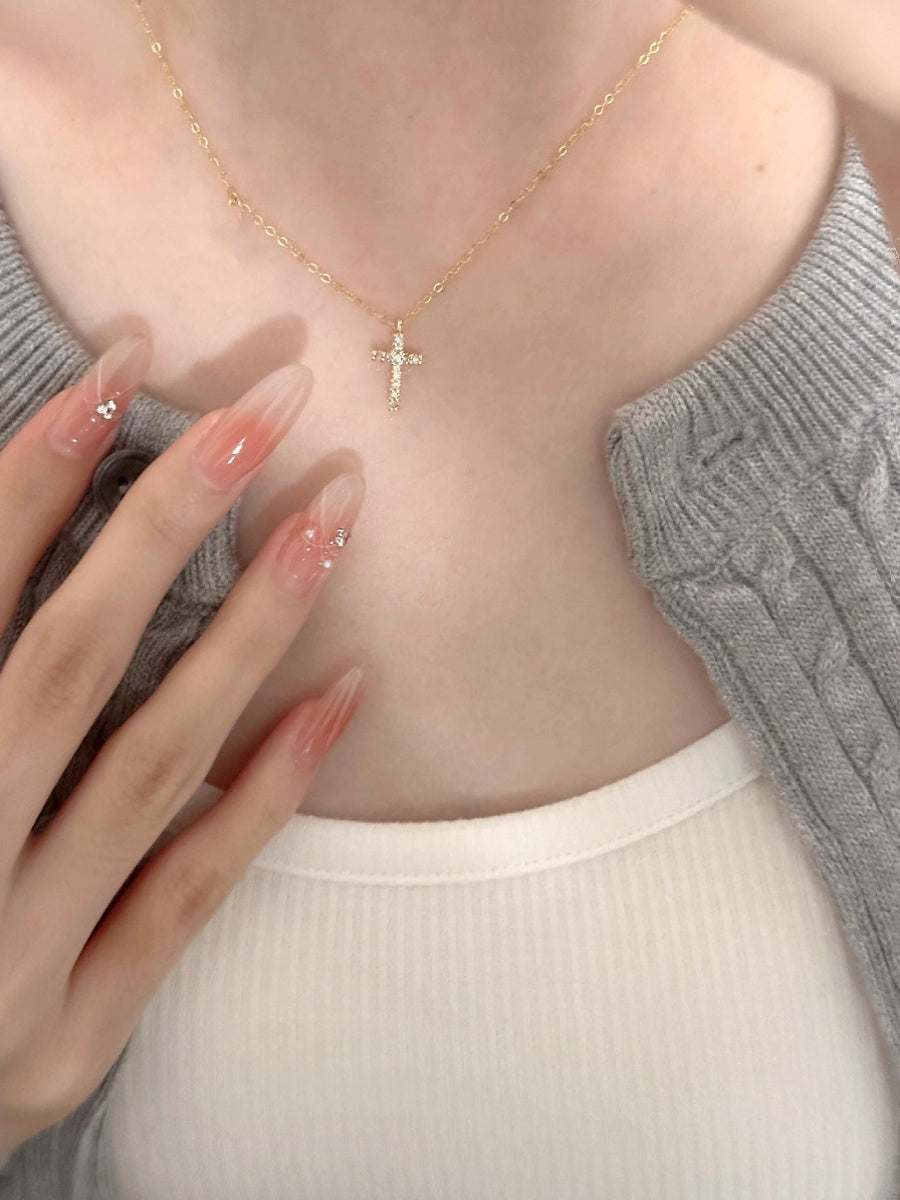 Women New Fine Imitation Gold-Sliver Titanium Steel Metal Christian Faith Mini Cross Shaped Inlaid Un-Mosaic Shiny Clear White Diamond-Like Stones Chain Electroplated Necklaces