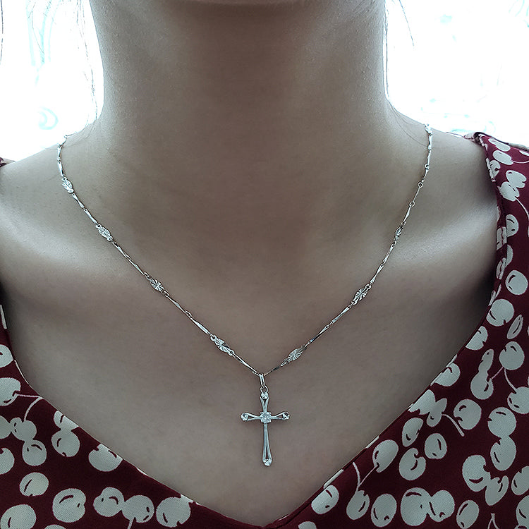 WEIFENG SANDALWOOD Women Unisex Fine Imitation Sterling Silver-Rose Gold Metal Diamond-Like Geometric Clear White Stones Cross Shaped Pendant Clavicle Chain Necklaces