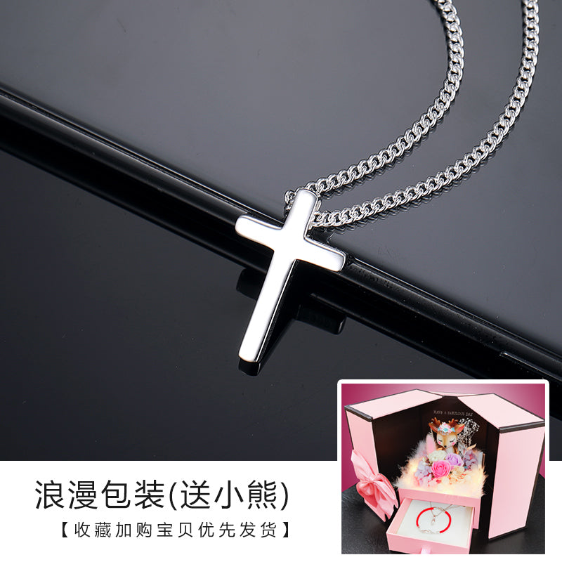 European Unisex Couple's Sterling Silver Metal Cross Pendant Fine Imitation Vera Chain Necklaces