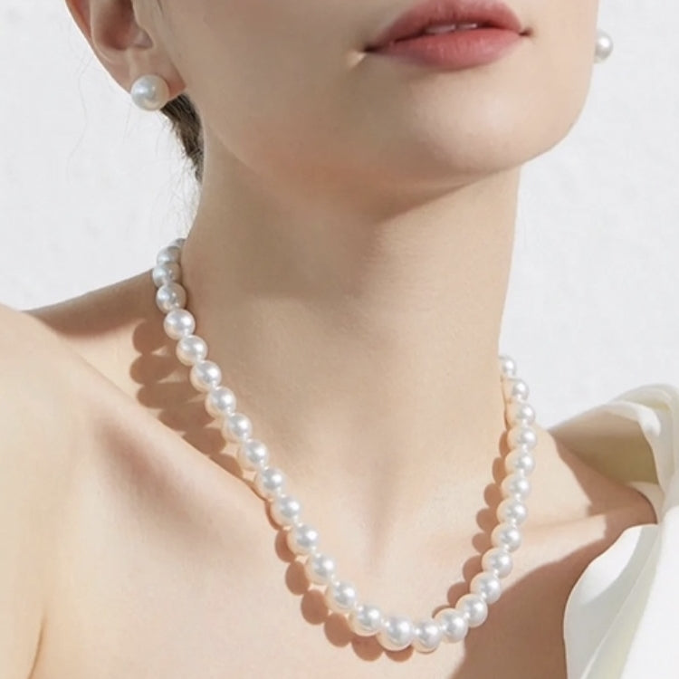 Women Fine Imitation Silver Metal Mother-Of-Pearl White Beaded Clavicular Chain Necklace-Two Big White Pearl Beaded Earrings Jewelry Sets