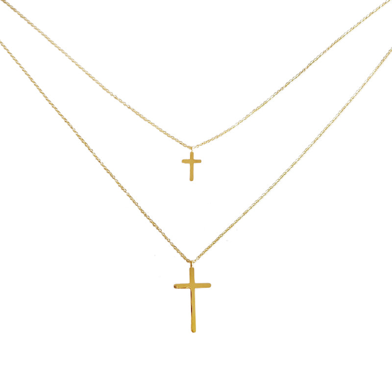 BINGS CUSTOM Adult Women Fine Imitation 18K Gold-Rose Gold-Plated Titanium Steel Metal Double-Layer Two Cross Pendant Necklaces