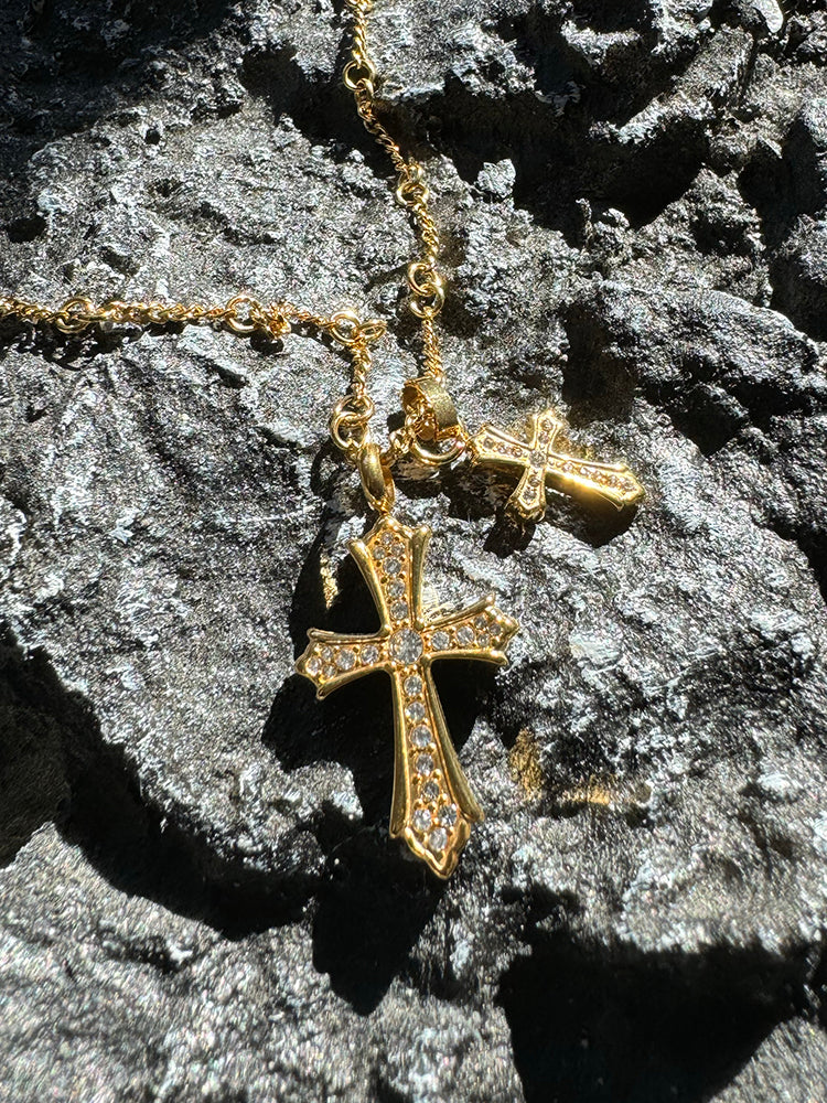 SVP Men Fine Imitation Titanium Steel Metal Clear White Shiny Diamond-Like Gemstones Two Cross Pendant Gold-Silver Chain Necklaces