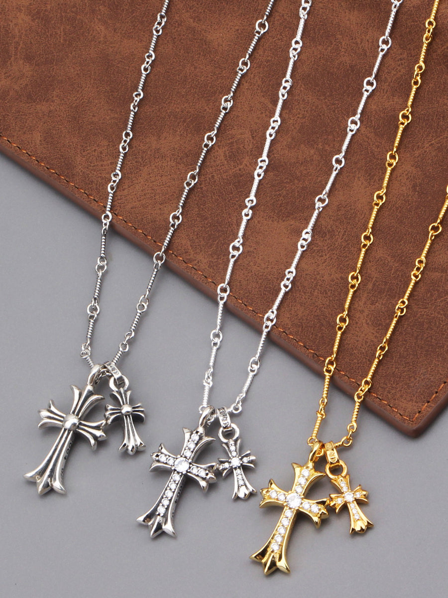 Adult Unisex Fine Imitation Silver-Gold-Plated Clear White Shiny Diamond-Like Gemstones-Silver Metal Cross Pendant Necklaces