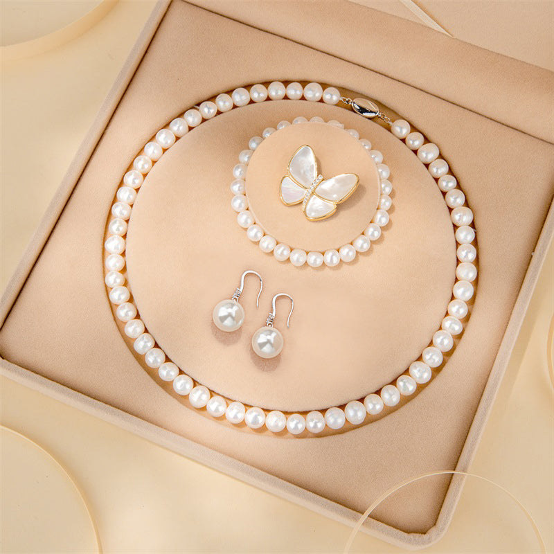 YALENDI Adult Women Imitation Natural White Pearl Necklace-Bracelet-Two Earrings Silver Sterling Metal Ball Chain Fine Jewelry Sets/Colors-White/Silver