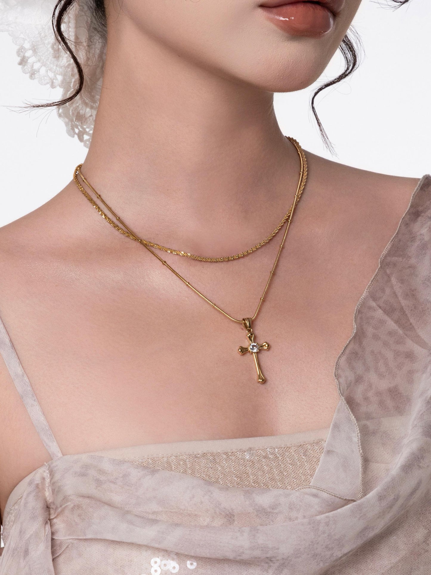 CIYAVENI Adult Unisex Fine Imitation Titanium Steel Metal Gold-Silver-Plated Geometric Baroque Style Cross Pendant Clavicle Chain Necklaces
