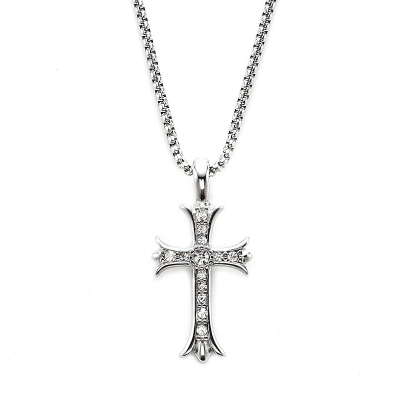 Men Fine Imitation Sterling Silver Clear White Shiny Diamond-Like Stones Cross Pendant Necklaces
