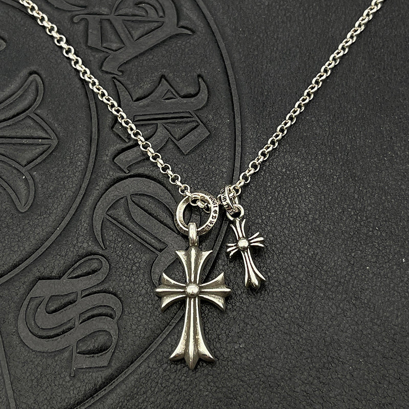 AZER KVK Adult Unisex Fine Imitation Silver Metal Alloy Gold-Silver Plated One Small-One Large CROSS DUO Pendant Distressed Style O-Ring Necklaces