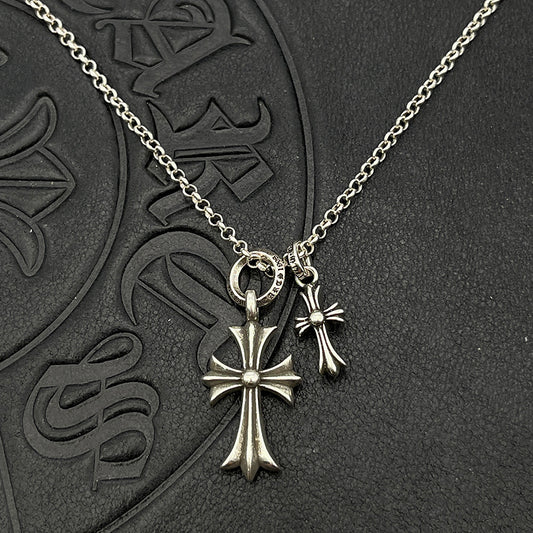 AZER KVK Adult Unisex Fine Imitation Silver Metal Alloy Gold-Silver Plated One Small-One Large CROSS DUO Pendant Distressed Style O-Ring Necklaces