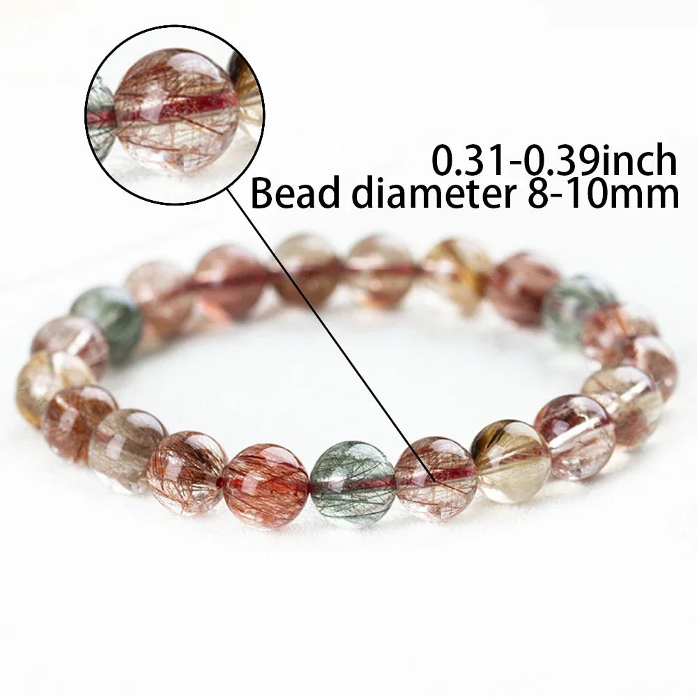 Adults Imitation Natural Crystal Colorful Rutilated Quartz Round Beaded Couple Bracelets/Colors-Multicolor/Black