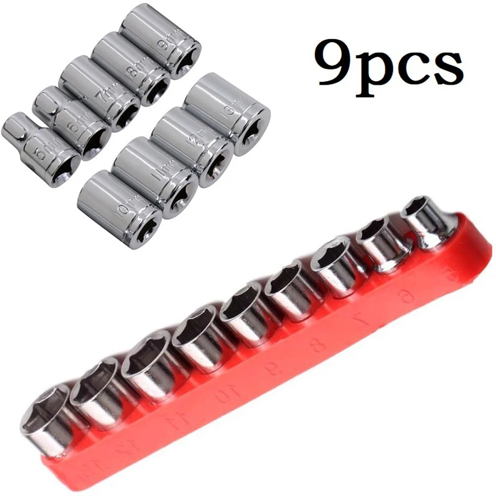 9 PCS Silver Colored Carbon Steel 1/4 Inch Drive-Hex Sockets-Bits Metric Wrench Head Nut Combination Sets/Colors-Silver/Red/Multicolor